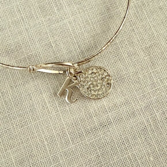 Silver Bangle Bracelet With Rhinestone Circle and K Charm - Picture 4 of 8